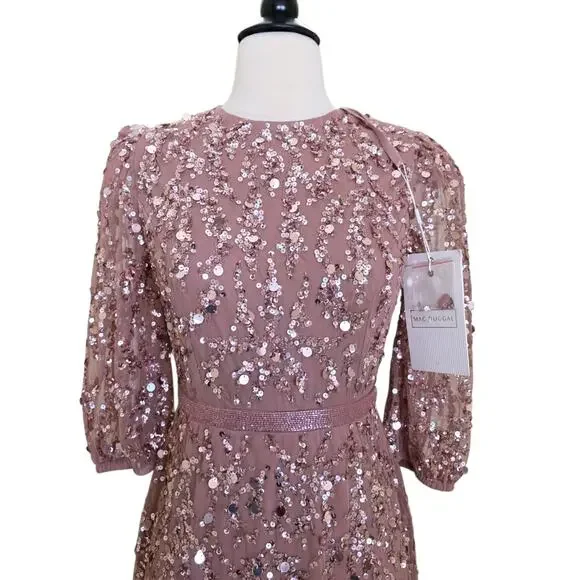 Mac Duggal 93790 Pink Rosewood Beaded Sequin Gown Puff Sleeve Formal Dress 16 - Picture 9 of 14